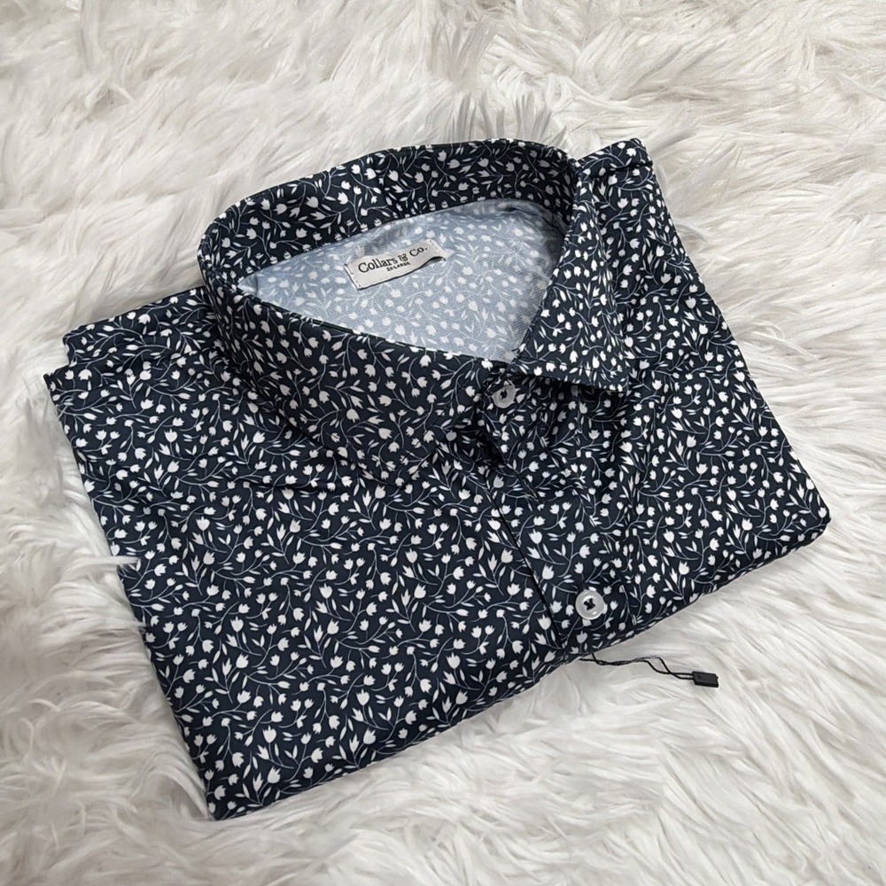 COLLARS & CO Shirt Firm Dress Collar Polo Men XXL Blue Floral All Over Print New